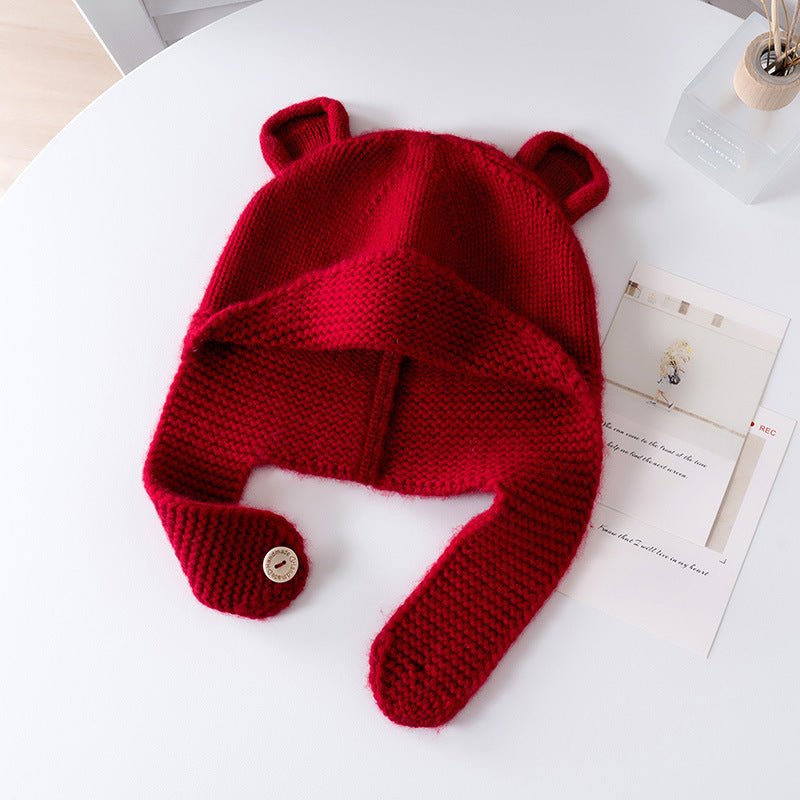 Kids Cashmere Knit Hat with Button Strap Bear Ear Cashmere Beanie Claret S