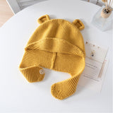 Kids Cashmere Knit Hat with Button Strap Bear Ear Cashmere Beanie Yellow S