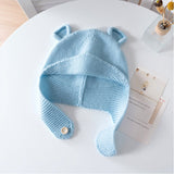 Kids Cashmere Knit Hat with Button Strap Bear Ear Cashmere Beanie Blue S