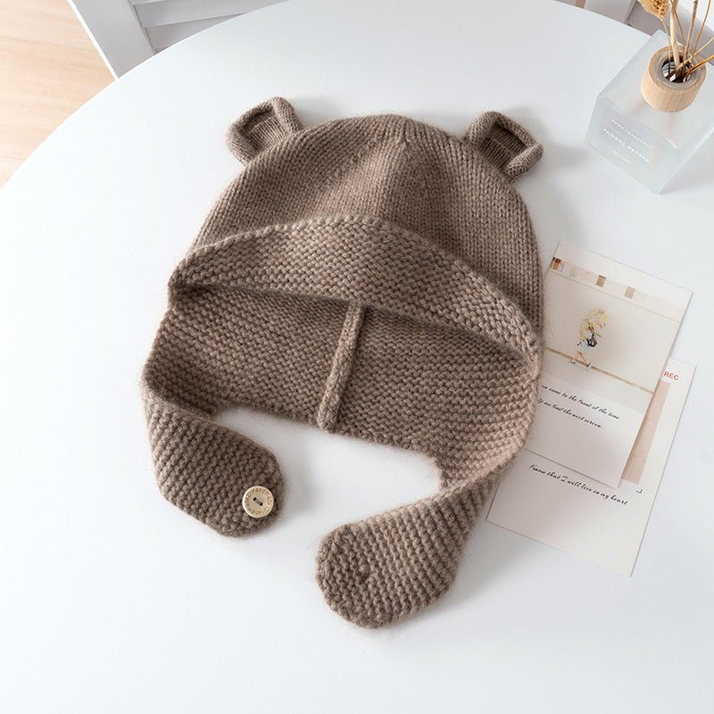 Kids Cashmere Knit Hat with Button Strap Bear Ear Cashmere Beanie Taupe S