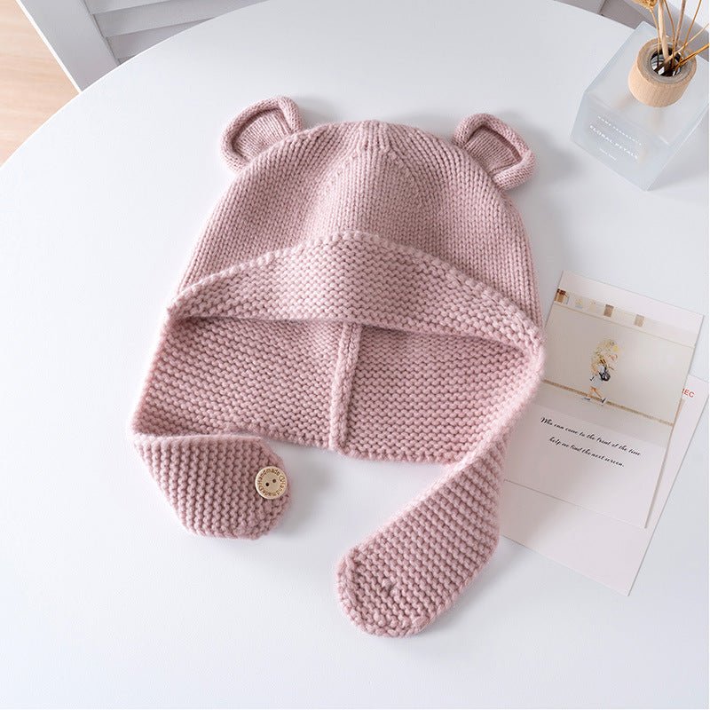 Kids Cashmere Knit Hat with Button Strap Bear Ear Cashmere Beanie Pink S