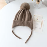 Kids Cashmere Knit Hat with Earflaps and Ties Pom - Pom Cashmere Beanie Taupe S