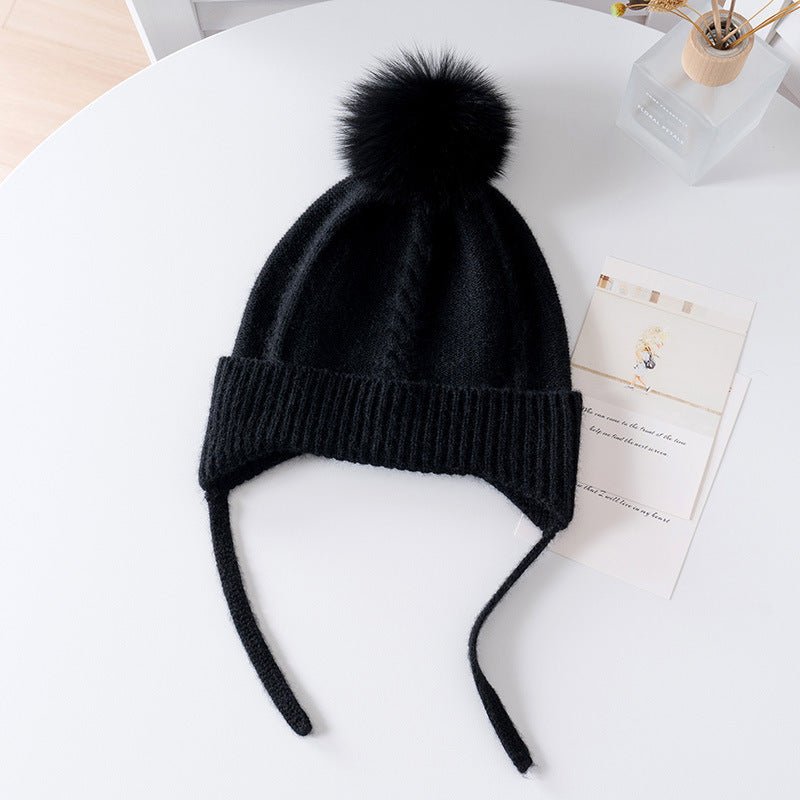 Kids Cashmere Knit Hat with Earflaps and Ties Pom - Pom Cashmere Beanie Black S