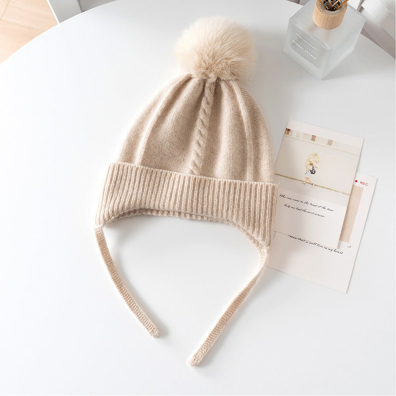 Kids Cashmere Knit Hat with Earflaps and Ties Pom - Pom Cashmere Beanie Beige S