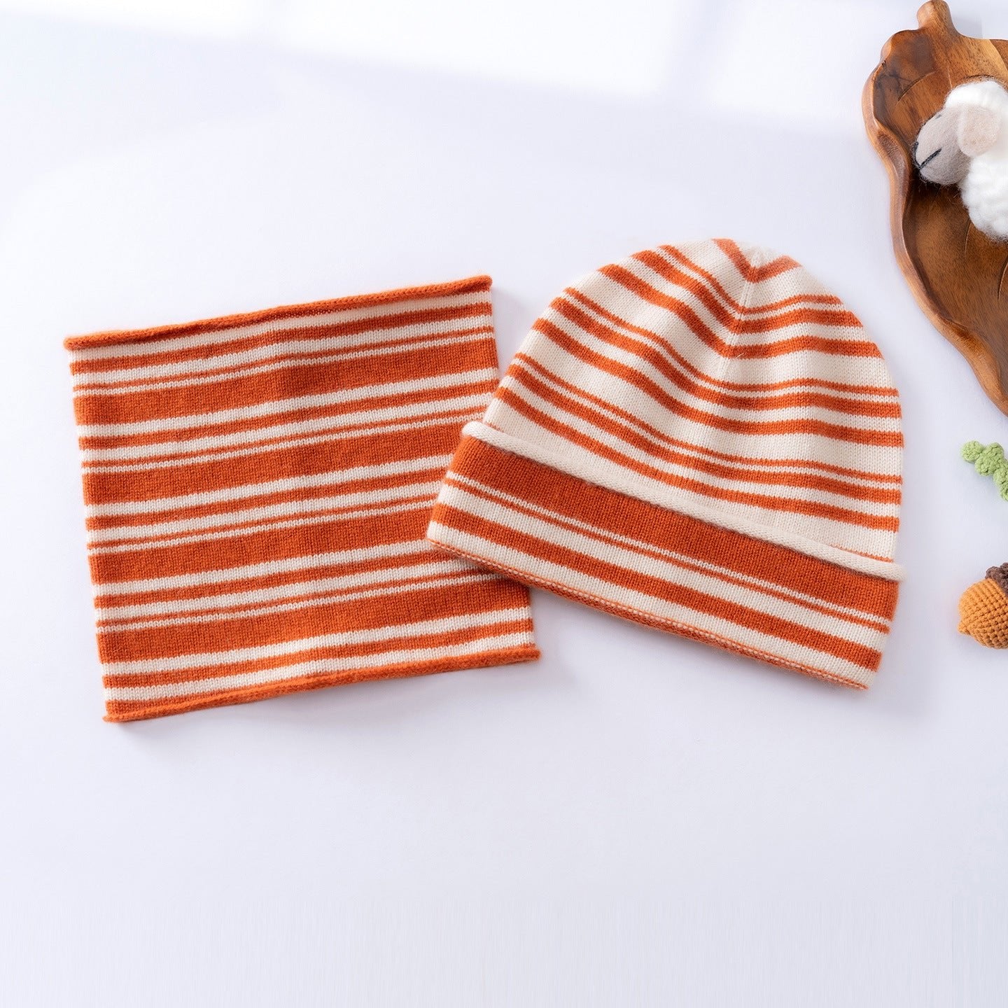 Kids Cashmere Striped Beanie Hat and Neck Gaiter Set Orange S