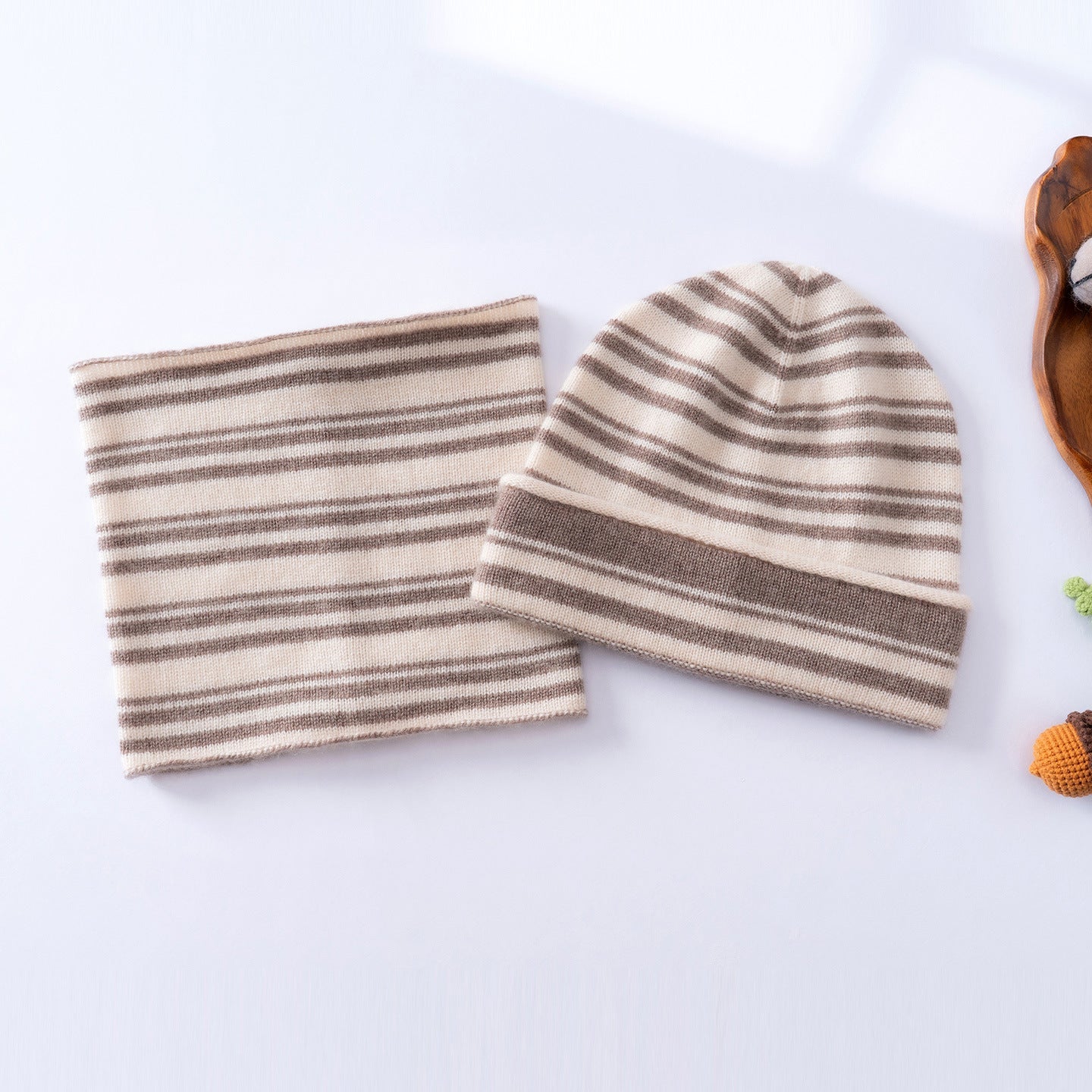 Kids Cashmere Striped Beanie Hat and Neck Gaiter Set Taupe S