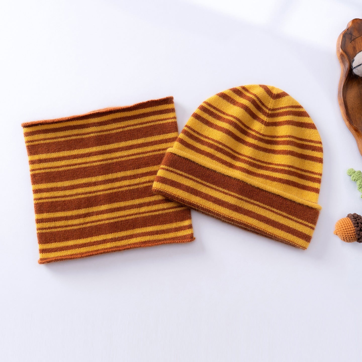 Kids Cashmere Striped Beanie Hat and Neck Gaiter Set Yellow S