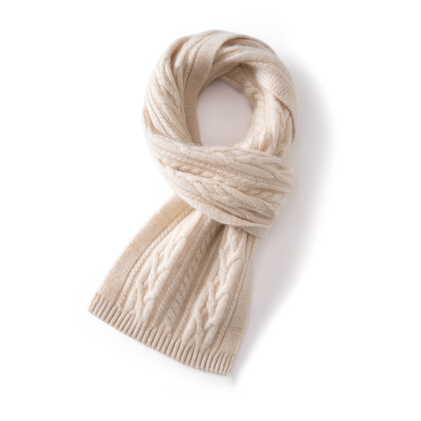 Kids Colorful Knit Cashmere Scarf Pure Cashmere Cable Scarf with Ribbed Ends Beige S