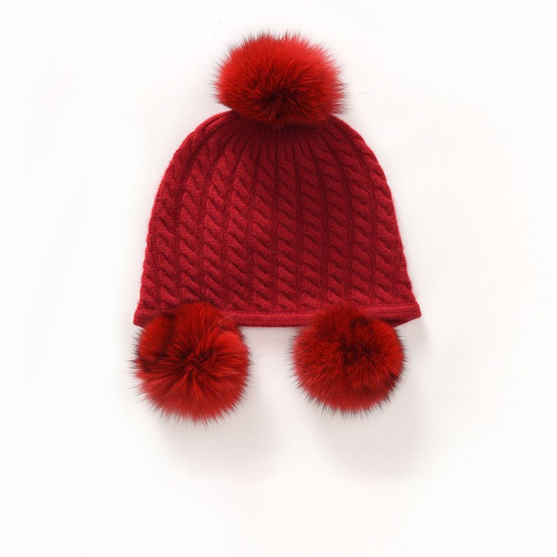 Kids Cute Cashmere Beanie with Real Fur Poms Knit Cashmere Hat Claret M