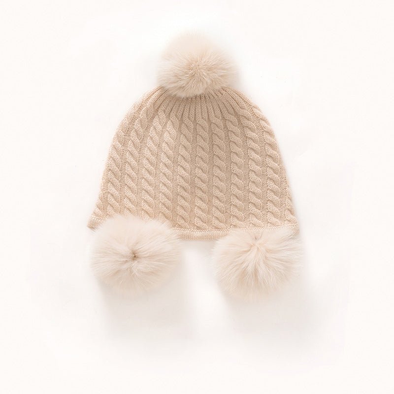 Kids Cute Cashmere Beanie with Real Fur Poms Knit Cashmere Hat Beige M