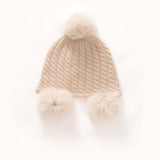Kids Cute Cashmere Beanie with Real Fur Poms Knit Cashmere Hat Beige M
