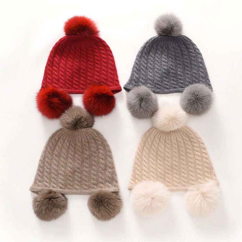 Kids Cute Cashmere Beanie with Real Fur Poms Knit Cashmere Hat Taupe M
