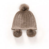 Kids Cute Cashmere Beanie with Real Fur Poms Knit Cashmere Hat Taupe M