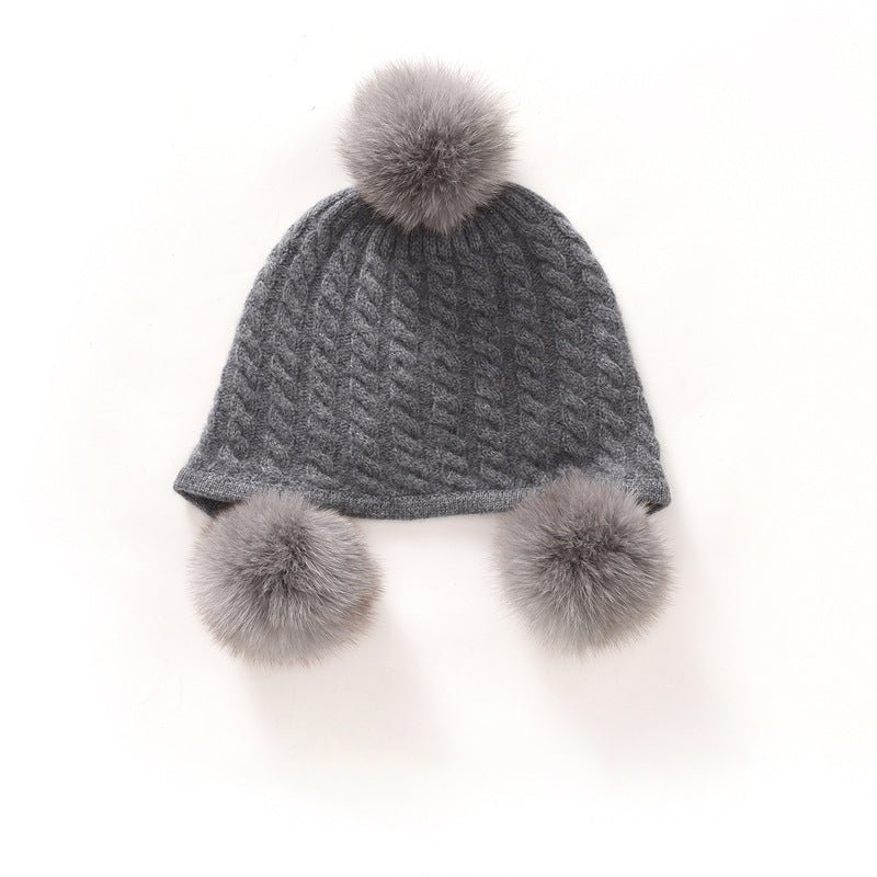 Kids Cute Cashmere Beanie with Real Fur Poms Knit Cashmere Hat Grey M