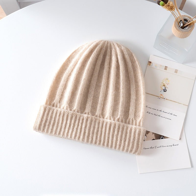 Kids Ribbed Cashmere Beanie Ribbing Hem Boys and Girls Cashmere Hat Beige S