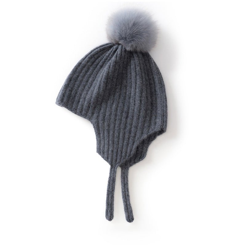 Kids Ribbed Cashmere Hat with Earflaps and Fluffy Pom Cashmere Knit Cap Grey S