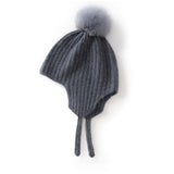 Kids Ribbed Cashmere Hat with Earflaps and Fluffy Pom Cashmere Knit Cap Grey S