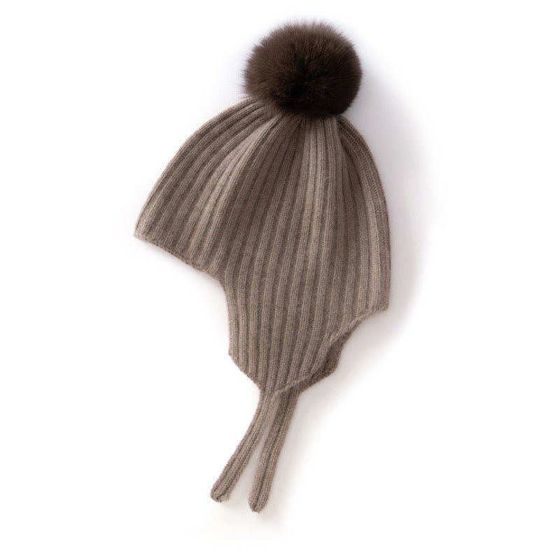 Kids Ribbed Cashmere Hat with Earflaps and Fluffy Pom Cashmere Knit Cap Taupe S