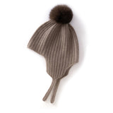 Kids Ribbed Cashmere Hat with Earflaps and Fluffy Pom Cashmere Knit Cap Taupe S