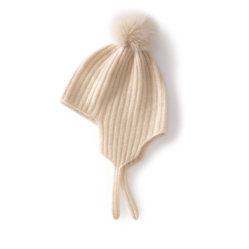 Kids Ribbed Cashmere Hat with Earflaps and Fluffy Pom Cashmere Knit Cap Beige S