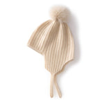 Kids Ribbed Cashmere Hat with Earflaps and Fluffy Pom Cashmere Knit Cap Beige S