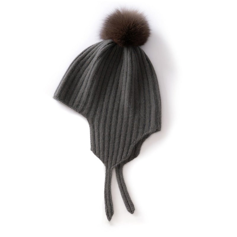 Kids Ribbed Cashmere Hat with Earflaps and Fluffy Pom Cashmere Knit Cap Black Grey S