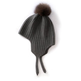 Kids Ribbed Cashmere Hat with Earflaps and Fluffy Pom Cashmere Knit Cap Black Grey S