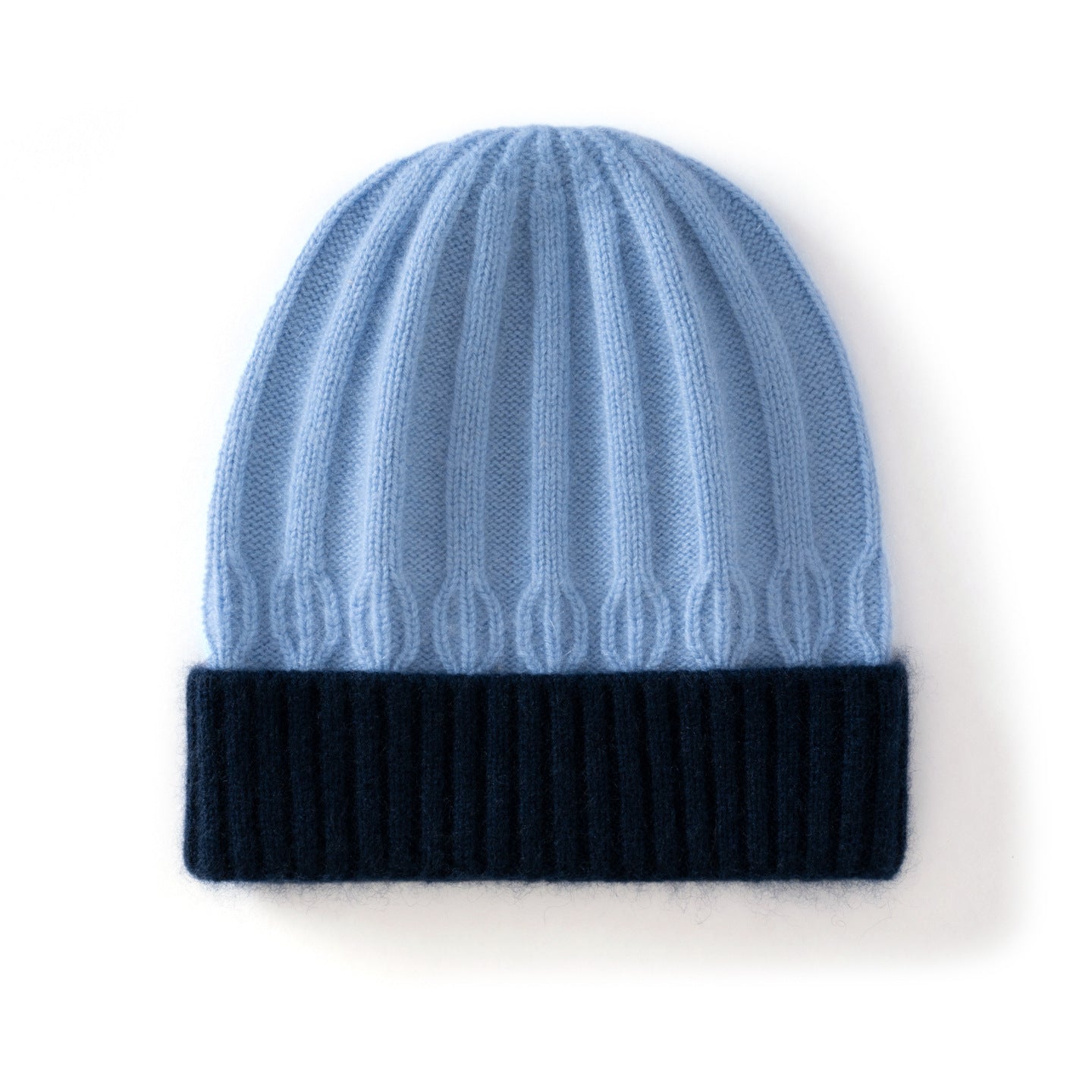 Kids Ribbed Cashmere Knit Beanie Folded Edge Colorblock Cashmere Knit Hat Blue S