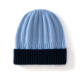 Kids Ribbed Cashmere Knit Beanie Folded Edge Colorblock Cashmere Knit Hat Blue S