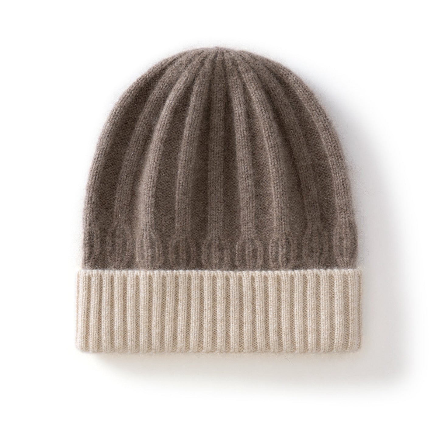 Kids Ribbed Cashmere Knit Beanie Folded Edge Colorblock Cashmere Knit Hat Taupe S