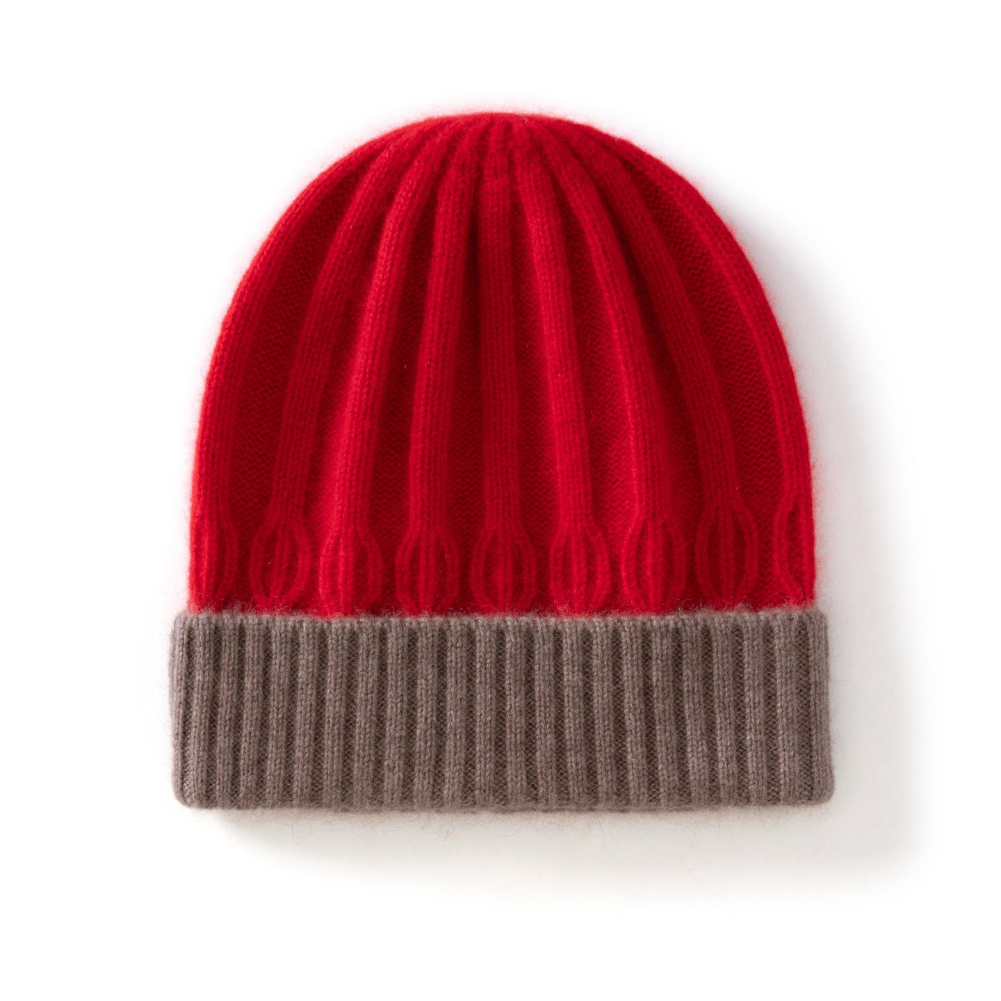 Kids Ribbed Cashmere Knit Beanie Folded Edge Colorblock Cashmere Knit Hat Red S