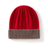 Kids Ribbed Cashmere Knit Beanie Folded Edge Colorblock Cashmere Knit Hat Red S
