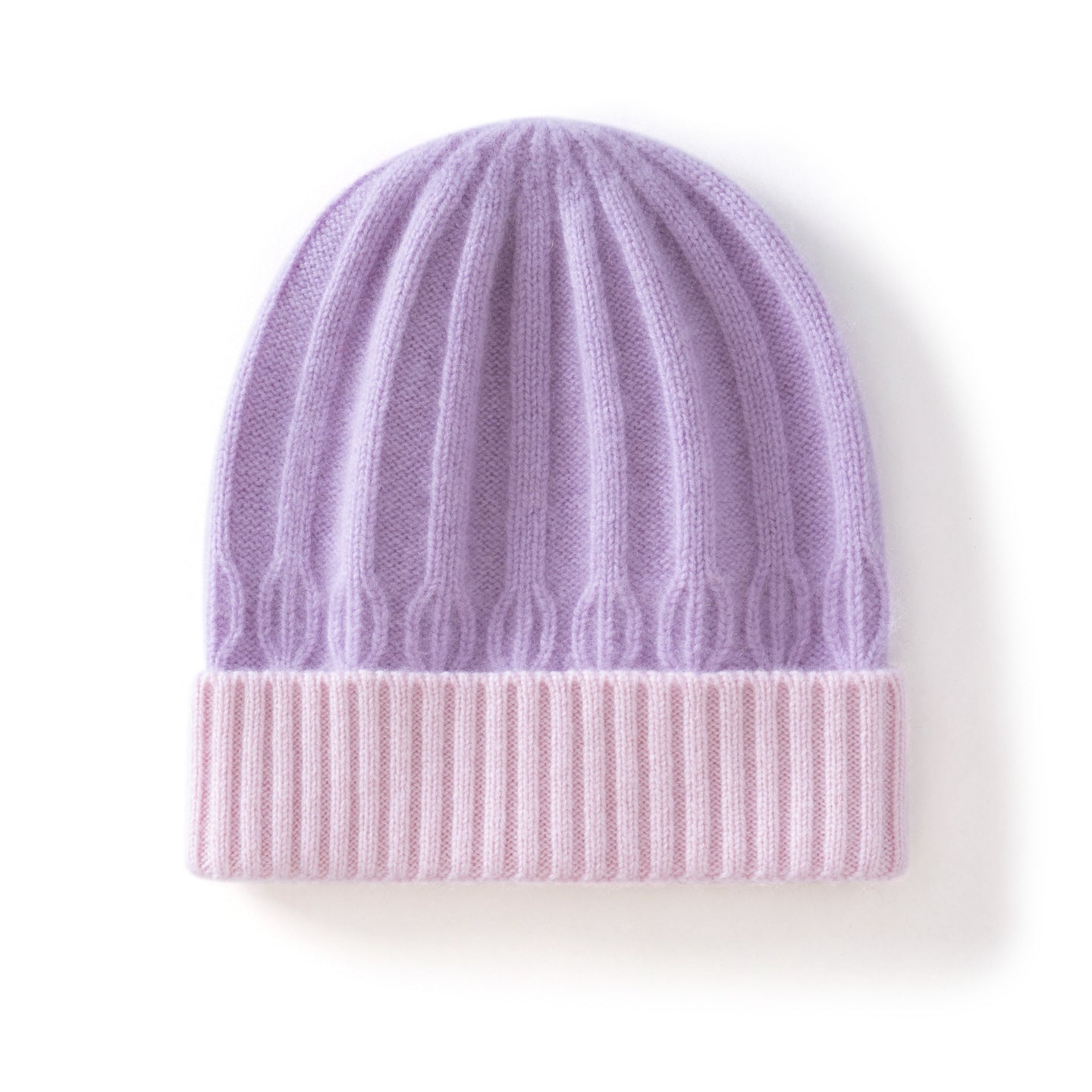 Kids Ribbed Cashmere Knit Beanie Folded Edge Colorblock Cashmere Knit Hat Purple S