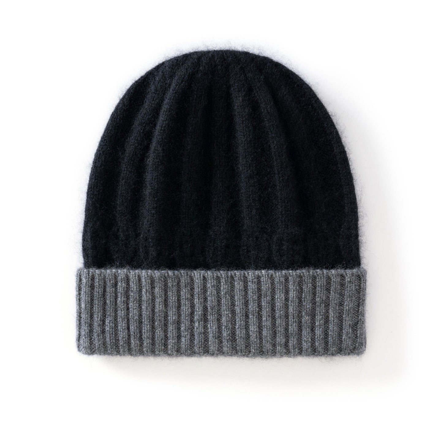 Kids Ribbed Cashmere Knit Beanie Folded Edge Colorblock Cashmere Knit Hat Black S