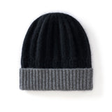 Kids Ribbed Cashmere Knit Beanie Folded Edge Colorblock Cashmere Knit Hat Black S
