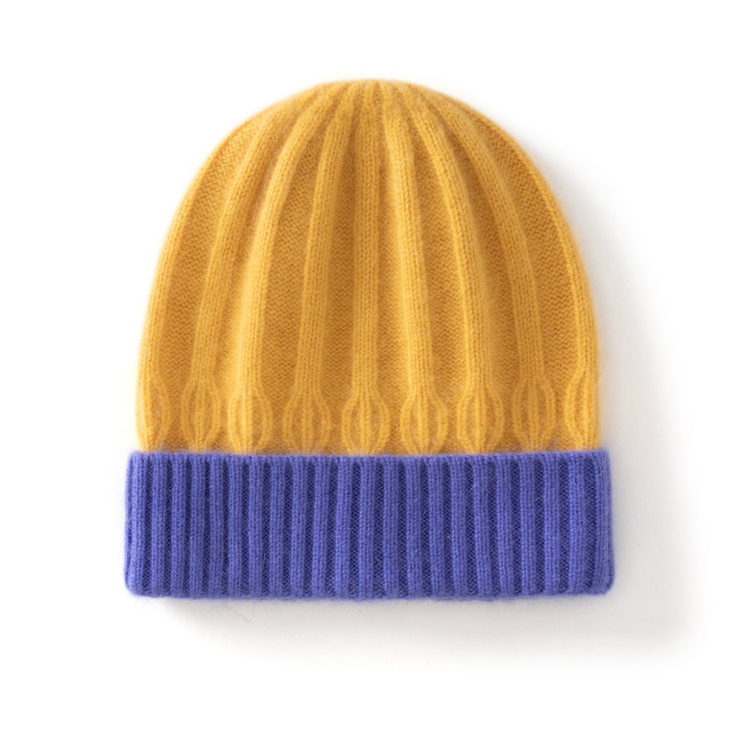 Kids Ribbed Cashmere Knit Beanie Folded Edge Colorblock Cashmere Knit Hat Yellow S
