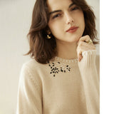Lady Crew Neck Cashmere Sweater With Embroidered Contrast Stitch Trim Beige XS