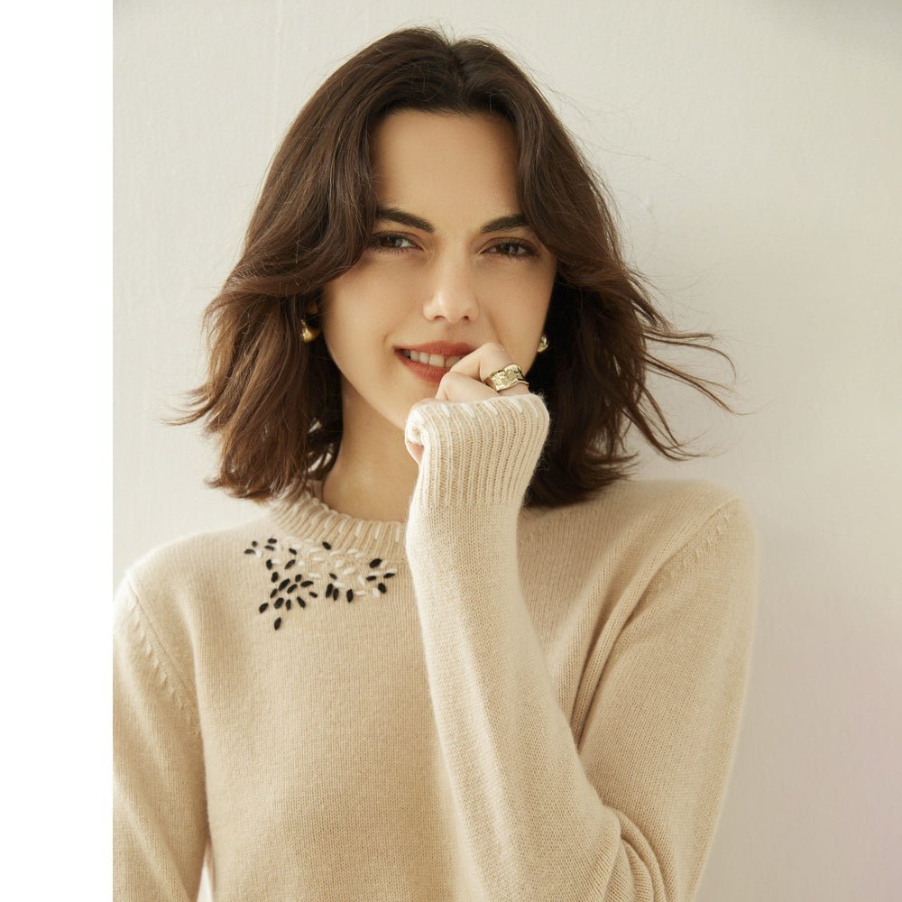 Lady Crew Neck Cashmere Sweater With Embroidered Contrast Stitch Trim Beige XS