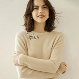 Lady Crew Neck Cashmere Sweater With Embroidered Contrast Stitch Trim Beige XS