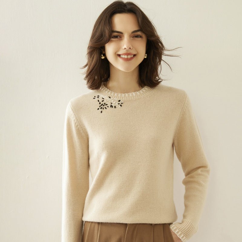 Lady Crew Neck Cashmere Sweater With Embroidered Contrast Stitch Trim Beige XS