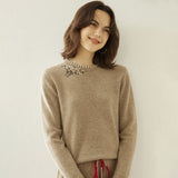 Lady Crew Neck Cashmere Sweater With Embroidered Contrast Stitch Trim Taupe XS