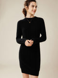 Womens Cashmere Ribbed Knit Dress Long Sleeve Pure Cashmere Dress Black XS