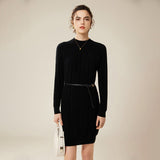 Womens Cashmere Ribbed Knit Dress Long Sleeve Pure Cashmere Dress Black XS