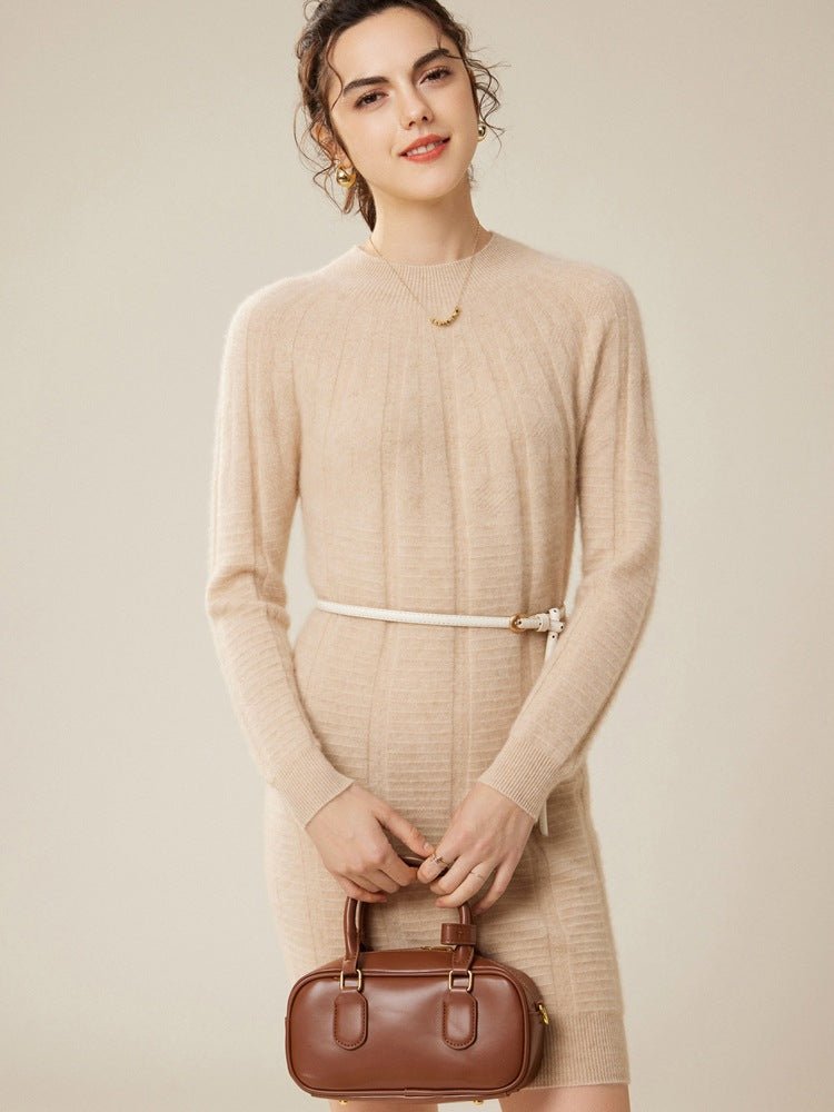 Womens Cashmere Ribbed Knit Dress Long Sleeve Pure Cashmere Dress Beige XS