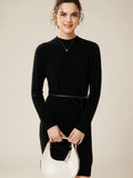 Womens Cashmere Ribbed Knit Dress Long Sleeve Pure Cashmere Dress Black XS