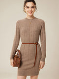 Womens Cashmere Ribbed Knit Dress Long Sleeve Pure Cashmere Dress Taupe XS
