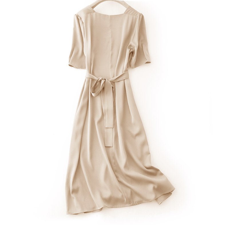 Womens Square Neck Silk Dress Puff Sleeves Silk Midi Dress Champagne XS