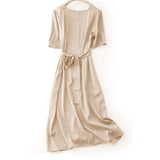 Womens Square Neck Silk Dress Puff Sleeves Silk Midi Dress Champagne XS