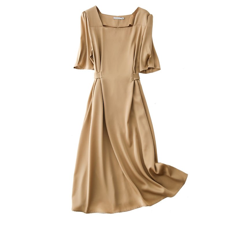 Womens Square Neck Silk Dress Puff Sleeves Silk Midi Dress Khaki XS