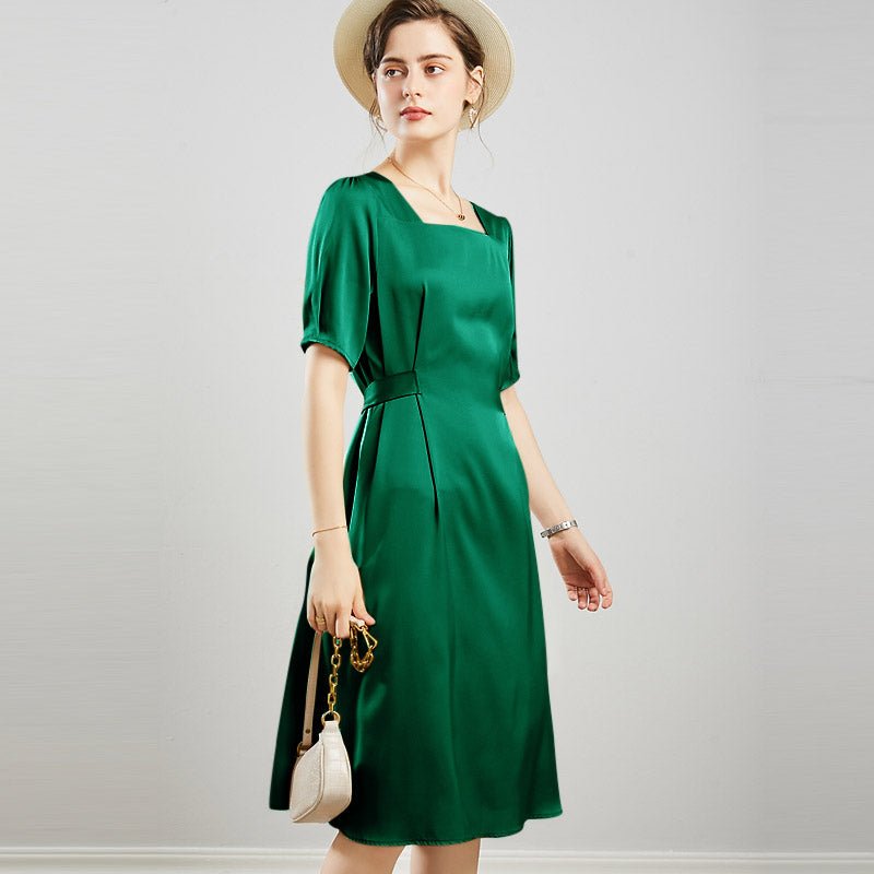 Womens Square Neck Silk Dress Puff Sleeves Silk Midi Dress Green XS